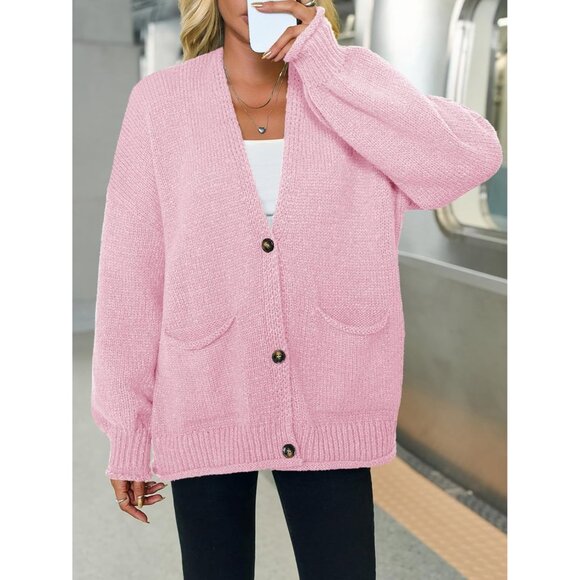 Chic Womens V-Neck Puff Sleeve Cardigan Sweater - Great for Transitional Weather - Picture 2 of 6